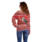 Aussie Kookaburra Off Shoulder Sweater Merry Christmas Red Style