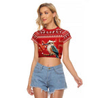 Aussie Kookaburra Raglan Cropped T Shirt Merry Christmas Red Style
