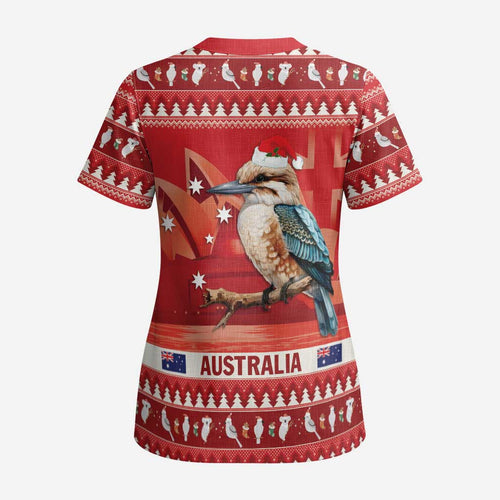 Aussie Kookaburra Scrub Top Merry Christmas Red Style - Aussie Hoodie