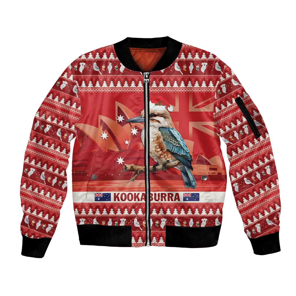 Aussie Kookaburra Sleeve Zip Bomber Jacket Merry Christmas Red Style