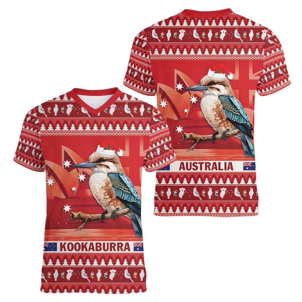 Aussie Kookaburra Women V-Neck T-Shirt Merry Christmas Red Style