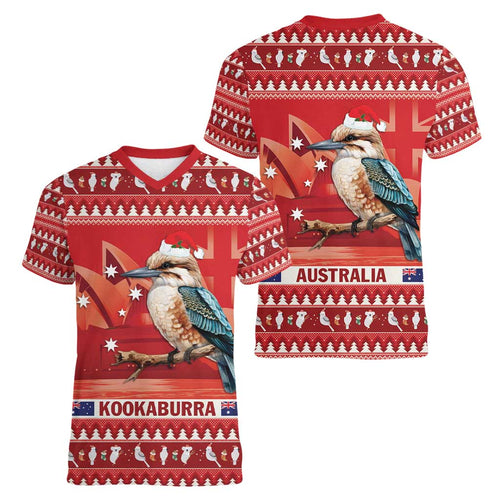 Aussie Kookaburra Women V-Neck T-Shirt Merry Christmas Red Style