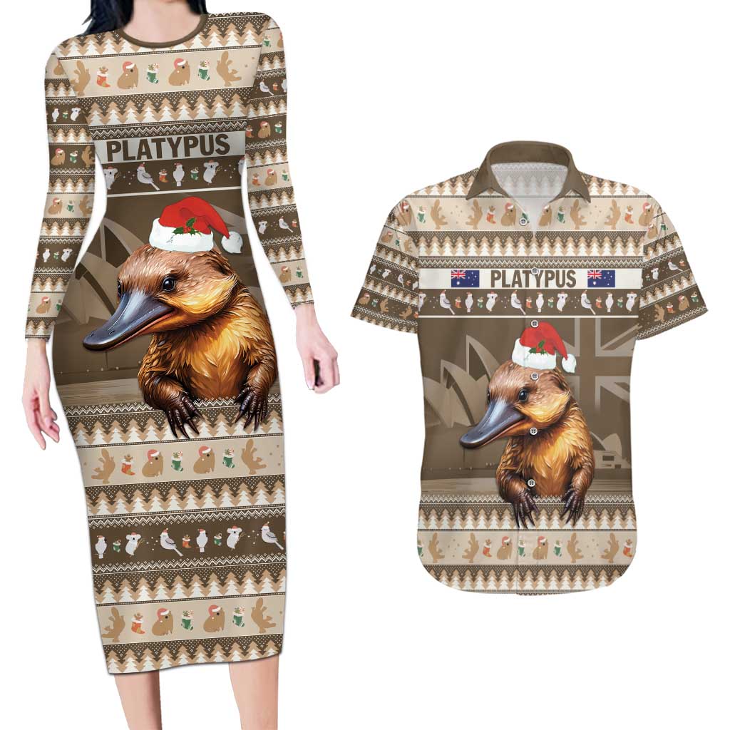 Aussie Platypus Couples Matching Long Sleeve Bodycon Dress and Hawaiian Shirt Merry Christmas