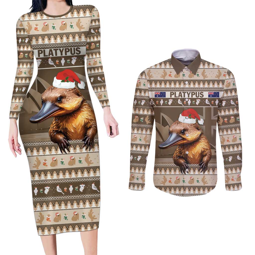 Aussie Platypus Couples Matching Long Sleeve Bodycon Dress and Long Sleeve Button Shirt Merry Christmas