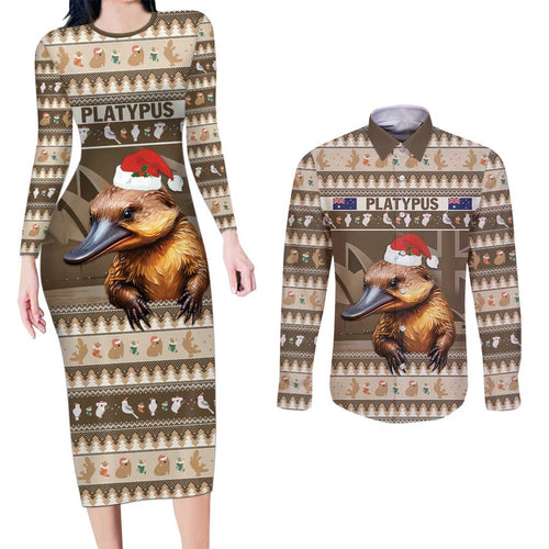 Aussie Platypus Couples Matching Long Sleeve Bodycon Dress and Long Sleeve Button Shirt Merry Christmas