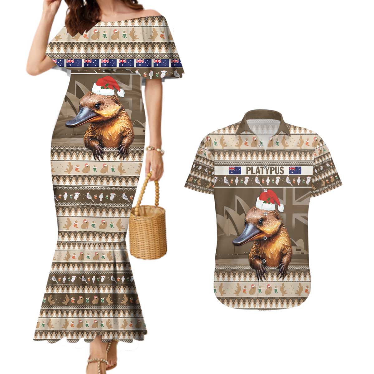 Aussie Platypus Couples Matching Mermaid Dress and Hawaiian Shirt Merry Christmas