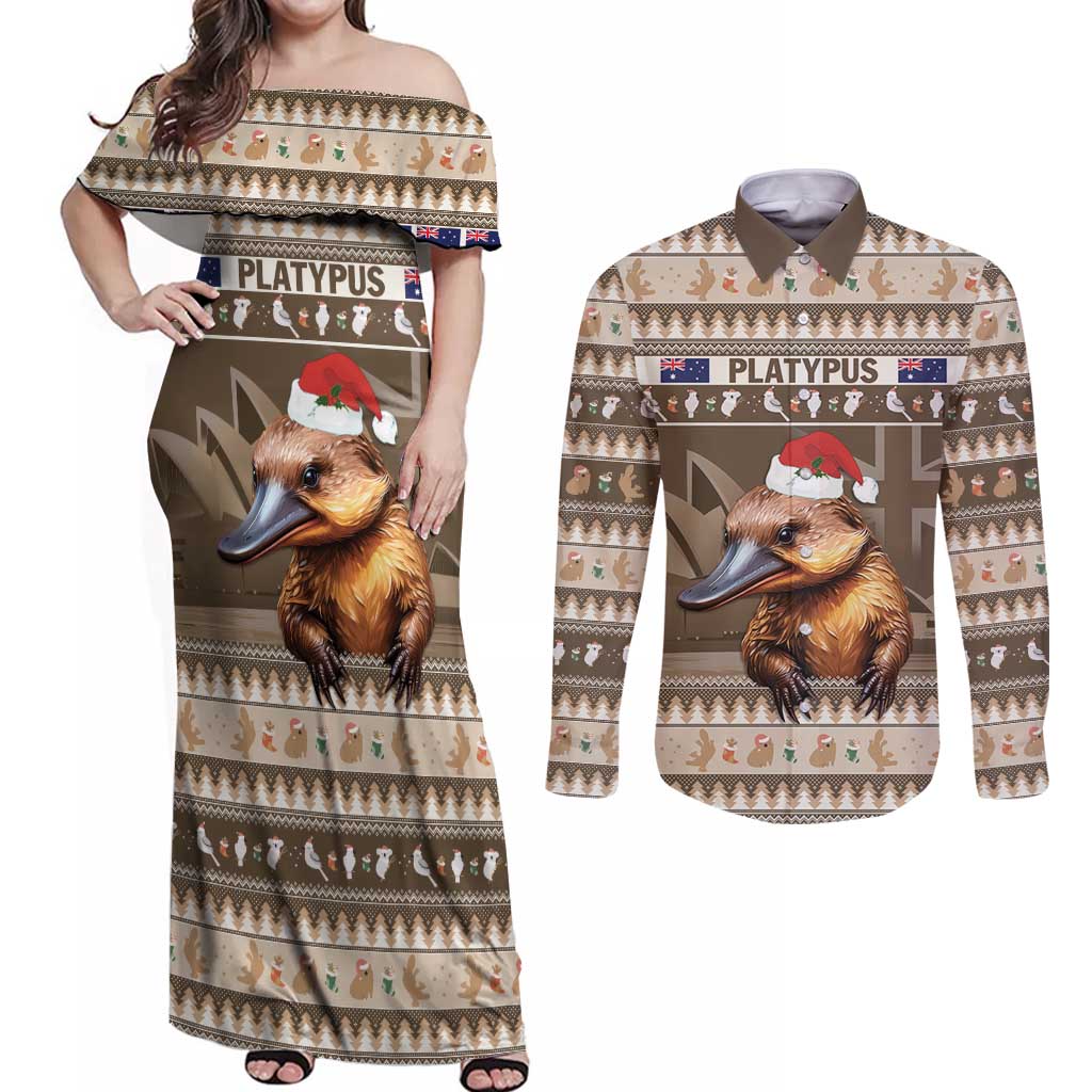 Aussie Platypus Couples Matching Off Shoulder Maxi Dress and Long Sleeve Button Shirt Merry Christmas