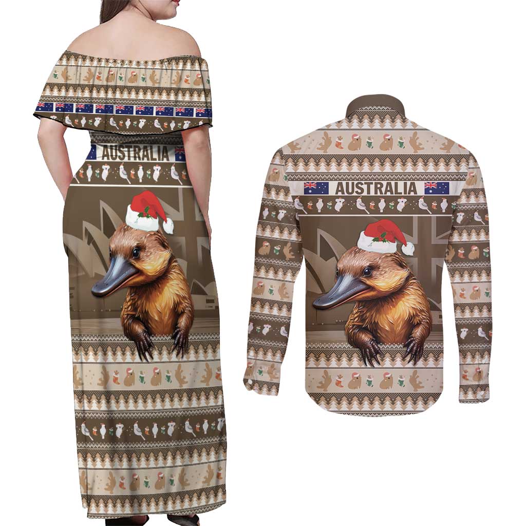 Aussie Platypus Couples Matching Off Shoulder Maxi Dress and Long Sleeve Button Shirt Merry Christmas