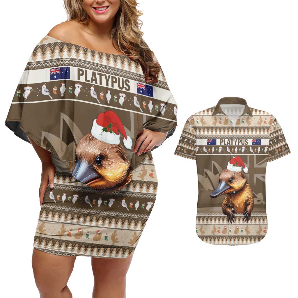 Aussie Platypus Couples Matching Off Shoulder Short Dress and Hawaiian Shirt Merry Christmas