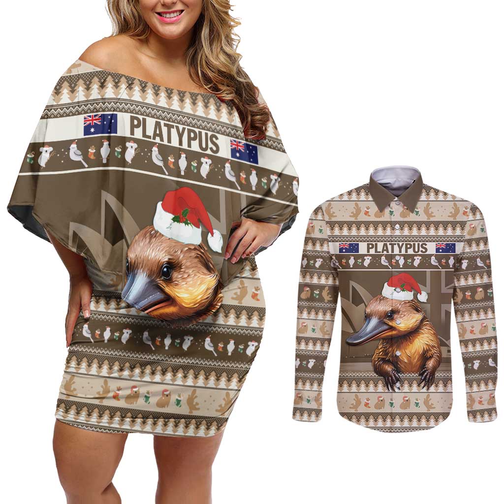Aussie Platypus Couples Matching Off Shoulder Short Dress and Long Sleeve Button Shirt Merry Christmas