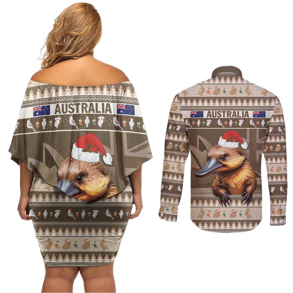 Aussie Platypus Couples Matching Off Shoulder Short Dress and Long Sleeve Button Shirt Merry Christmas