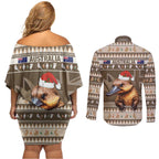 Aussie Platypus Couples Matching Off Shoulder Short Dress and Long Sleeve Button Shirt Merry Christmas