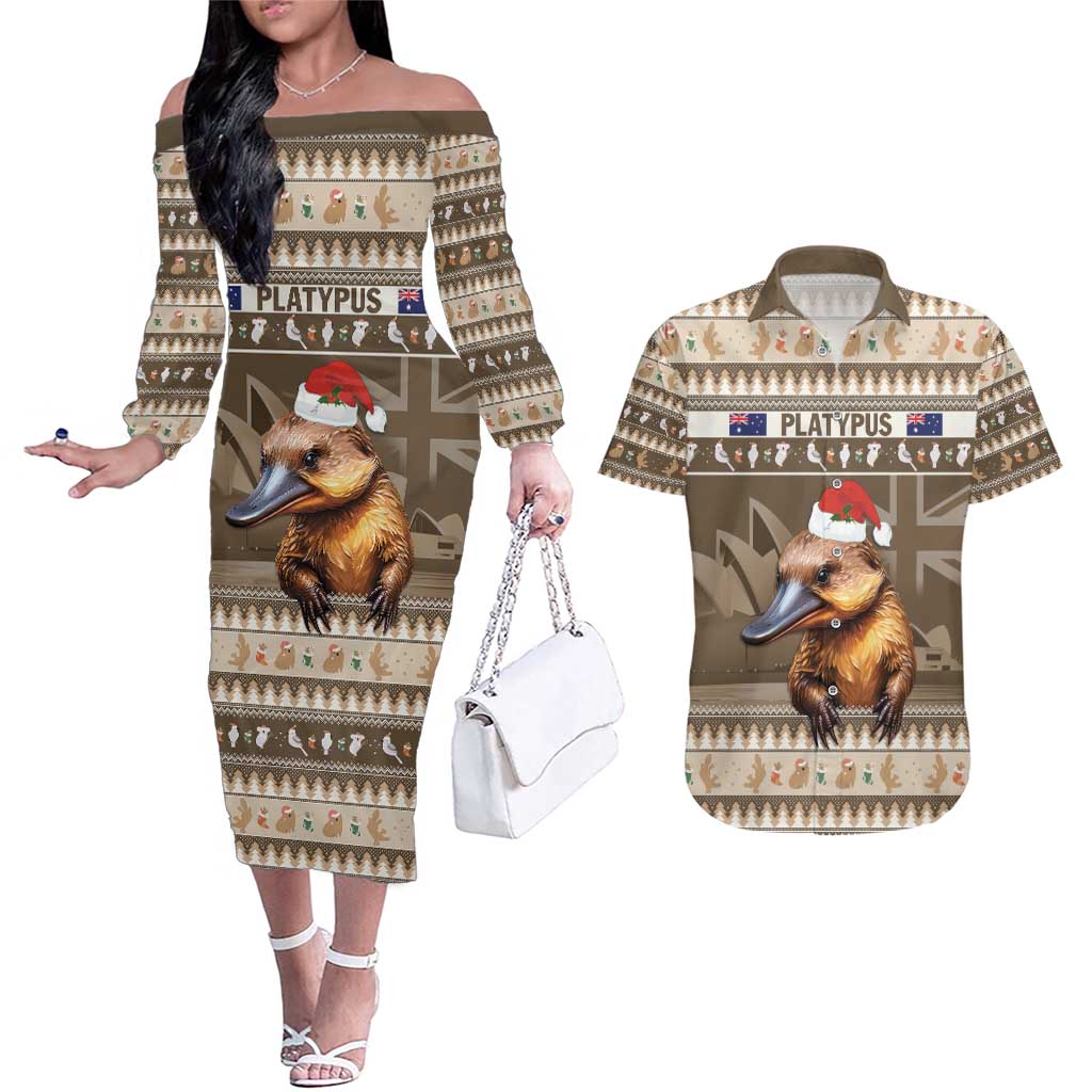 Aussie Platypus Couples Matching Off The Shoulder Long Sleeve Dress and Hawaiian Shirt Merry Christmas