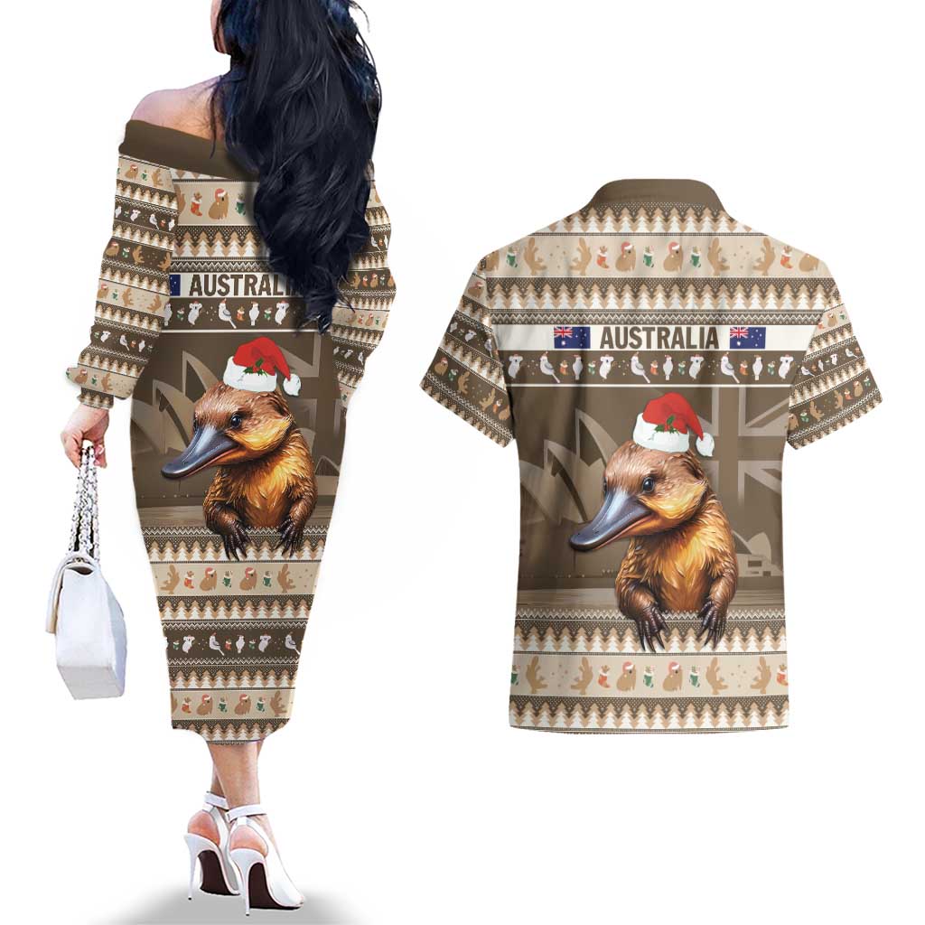 Aussie Platypus Couples Matching Off The Shoulder Long Sleeve Dress and Hawaiian Shirt Merry Christmas