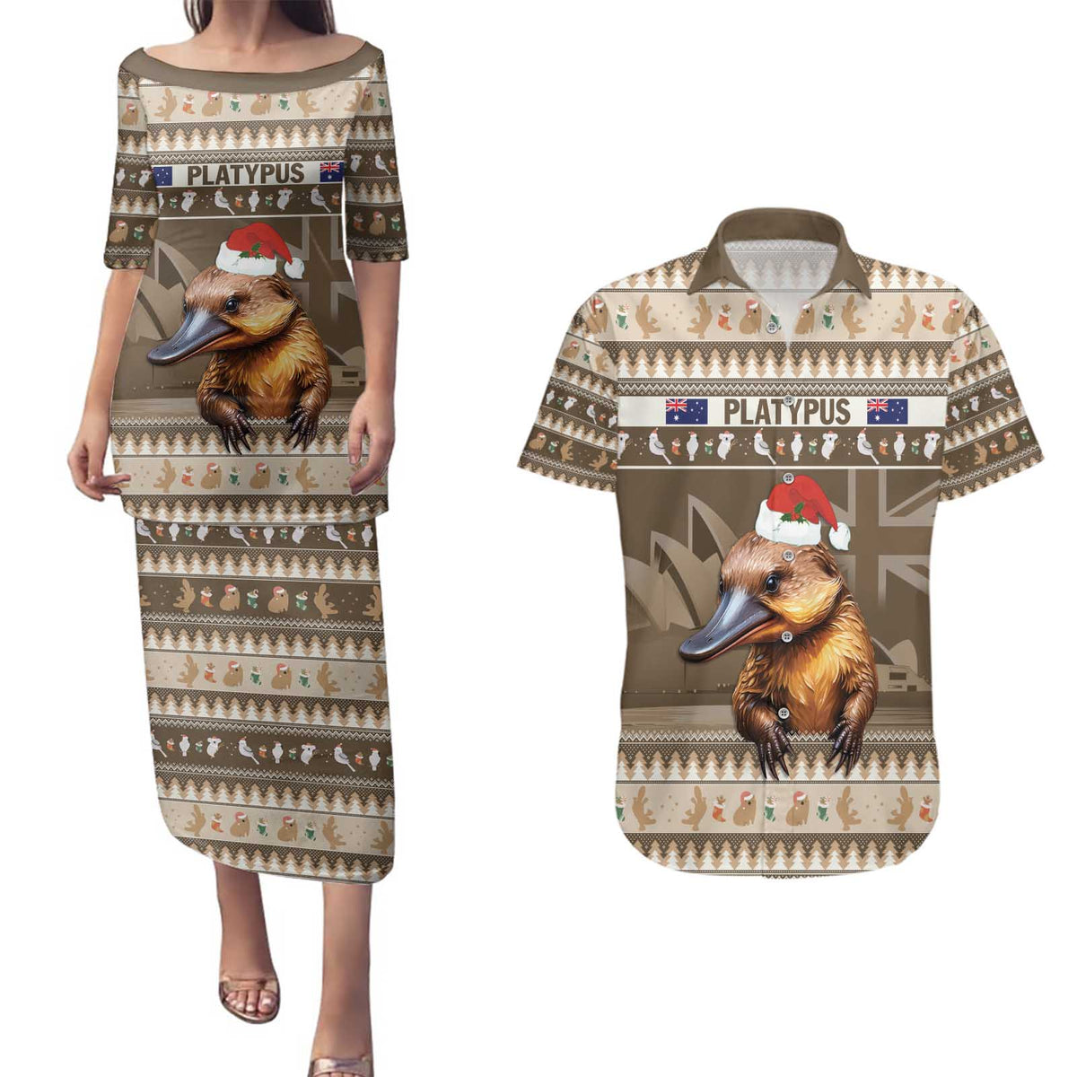 Aussie Platypus Couples Matching Puletasi and Hawaiian Shirt Merry Christmas