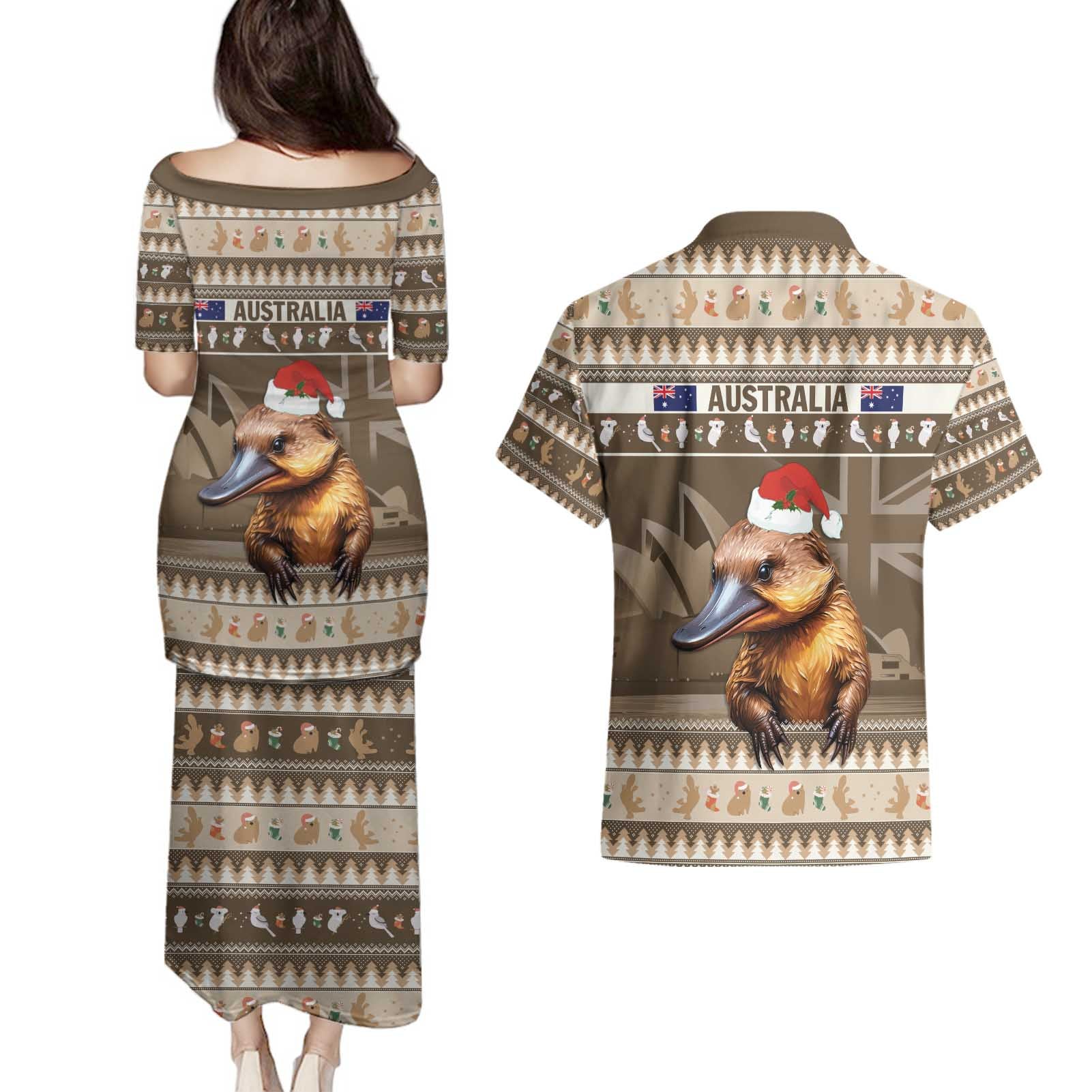 Aussie Platypus Couples Matching Puletasi and Hawaiian Shirt Merry Christmas