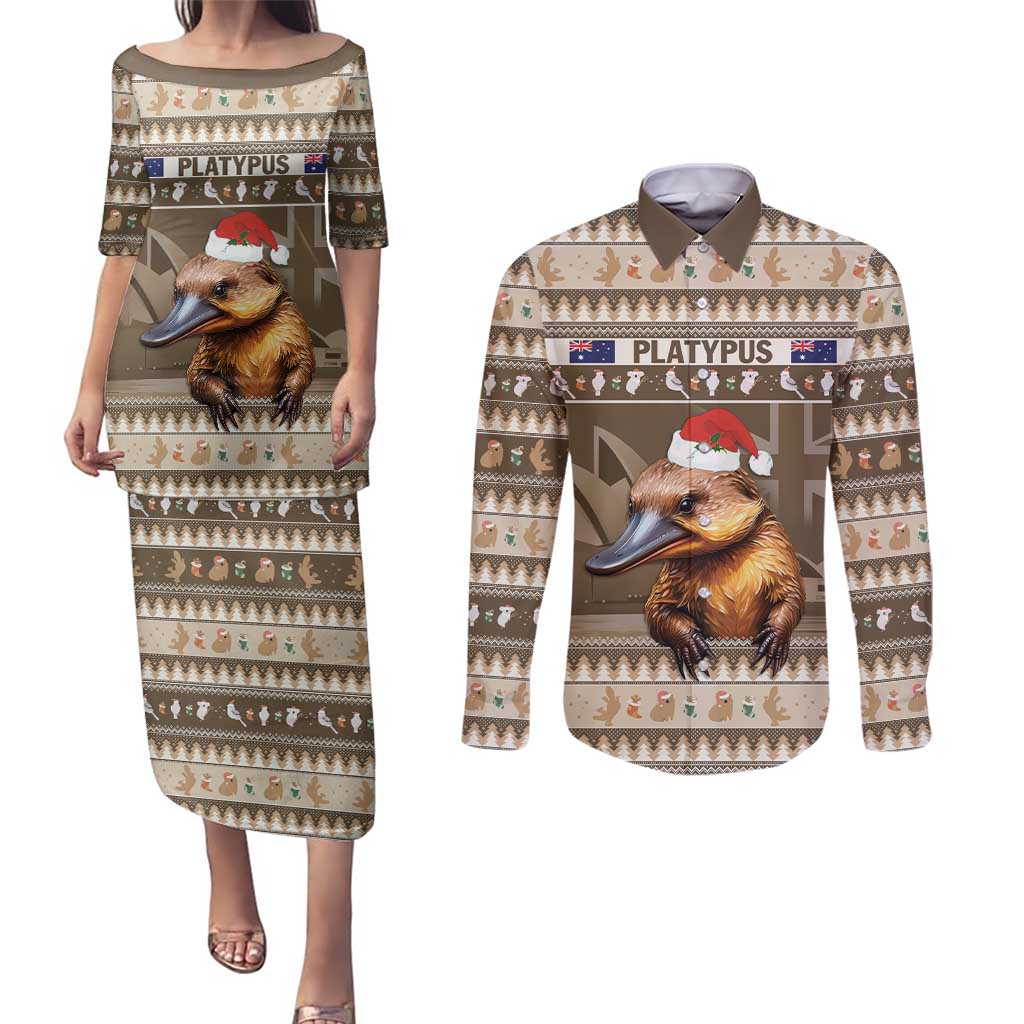 Aussie Platypus Couples Matching Puletasi and Long Sleeve Button Shirt Merry Christmas