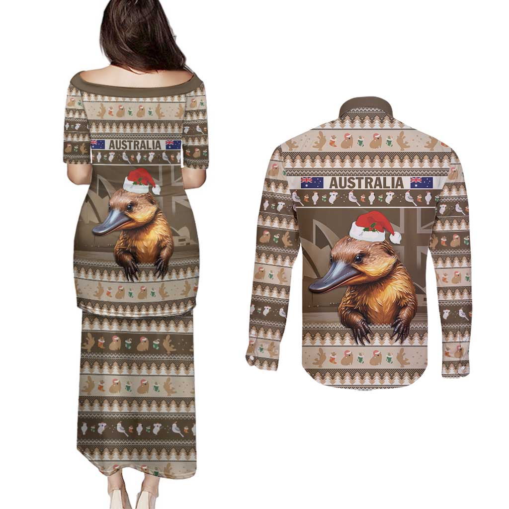 Aussie Platypus Couples Matching Puletasi and Long Sleeve Button Shirt Merry Christmas