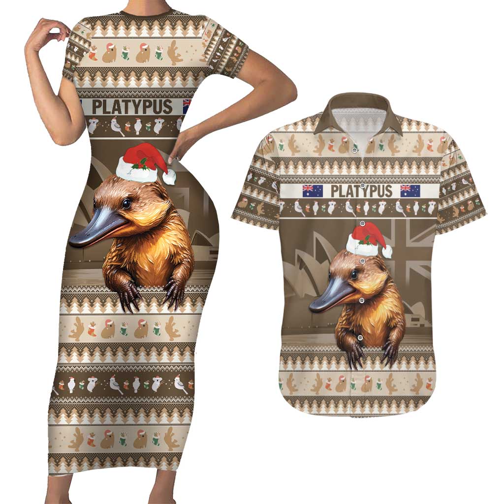 Aussie Platypus Couples Matching Short Sleeve Bodycon Dress and Hawaiian Shirt Merry Christmas