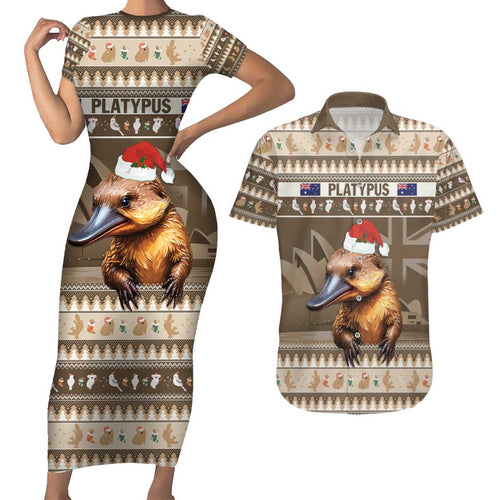 Aussie Platypus Couples Matching Short Sleeve Bodycon Dress and Hawaiian Shirt Merry Christmas