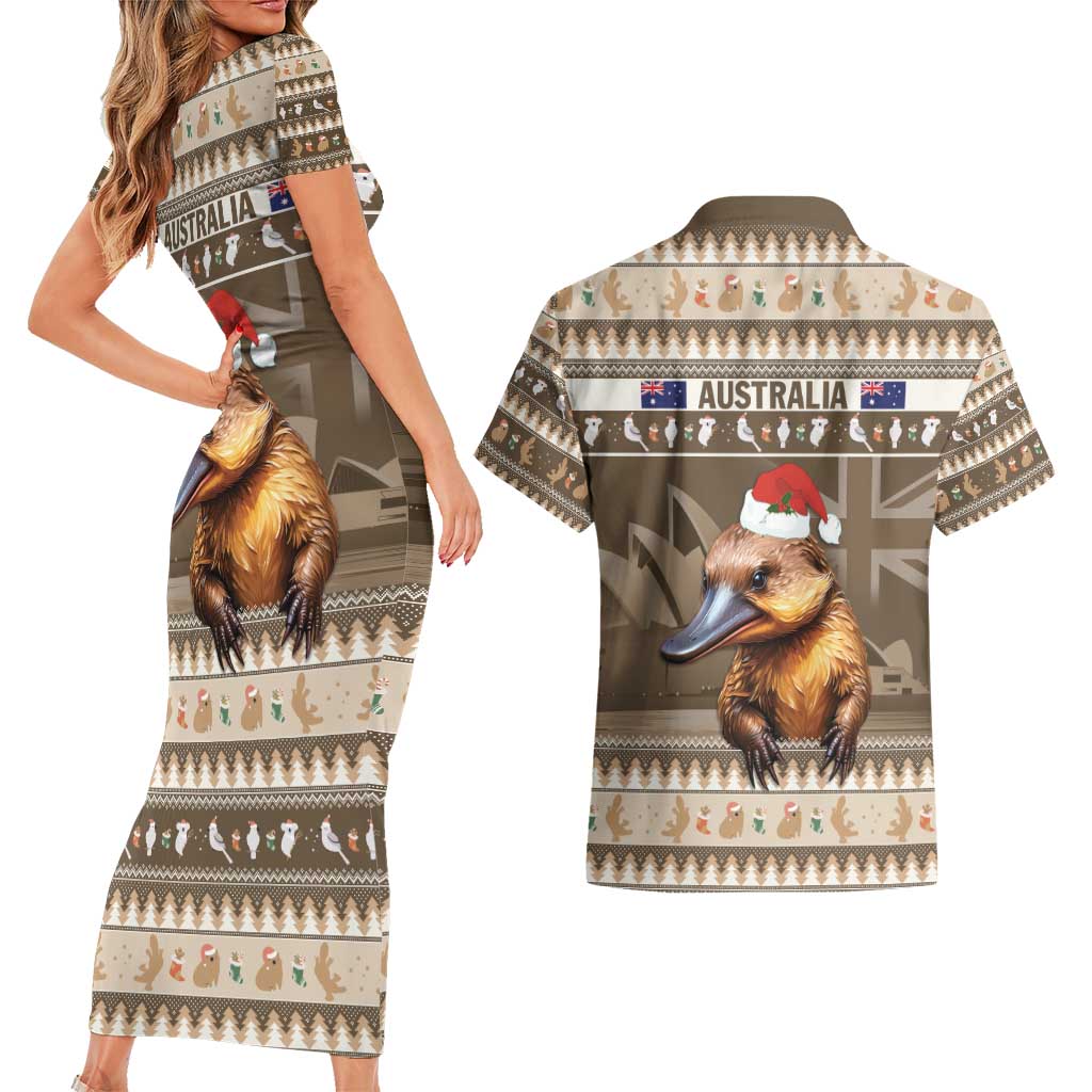 Aussie Platypus Couples Matching Short Sleeve Bodycon Dress and Hawaiian Shirt Merry Christmas