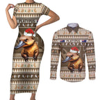 Aussie Platypus Couples Matching Short Sleeve Bodycon Dress and Long Sleeve Button Shirt Merry Christmas
