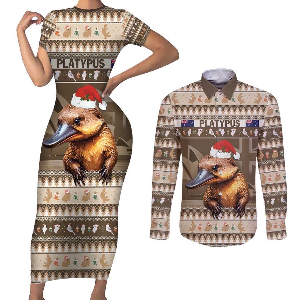 Aussie Platypus Couples Matching Short Sleeve Bodycon Dress and Long Sleeve Button Shirt Merry Christmas