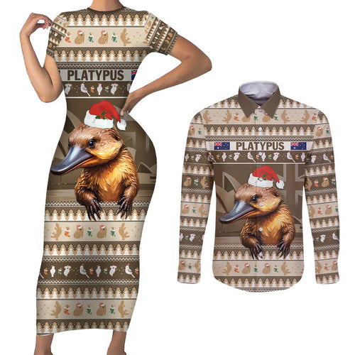 Aussie Platypus Couples Matching Short Sleeve Bodycon Dress and Long Sleeve Button Shirt Merry Christmas