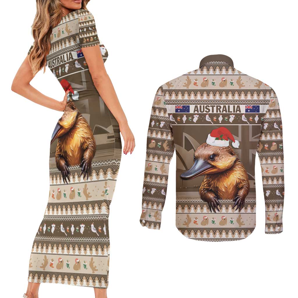 Aussie Platypus Couples Matching Short Sleeve Bodycon Dress and Long Sleeve Button Shirt Merry Christmas