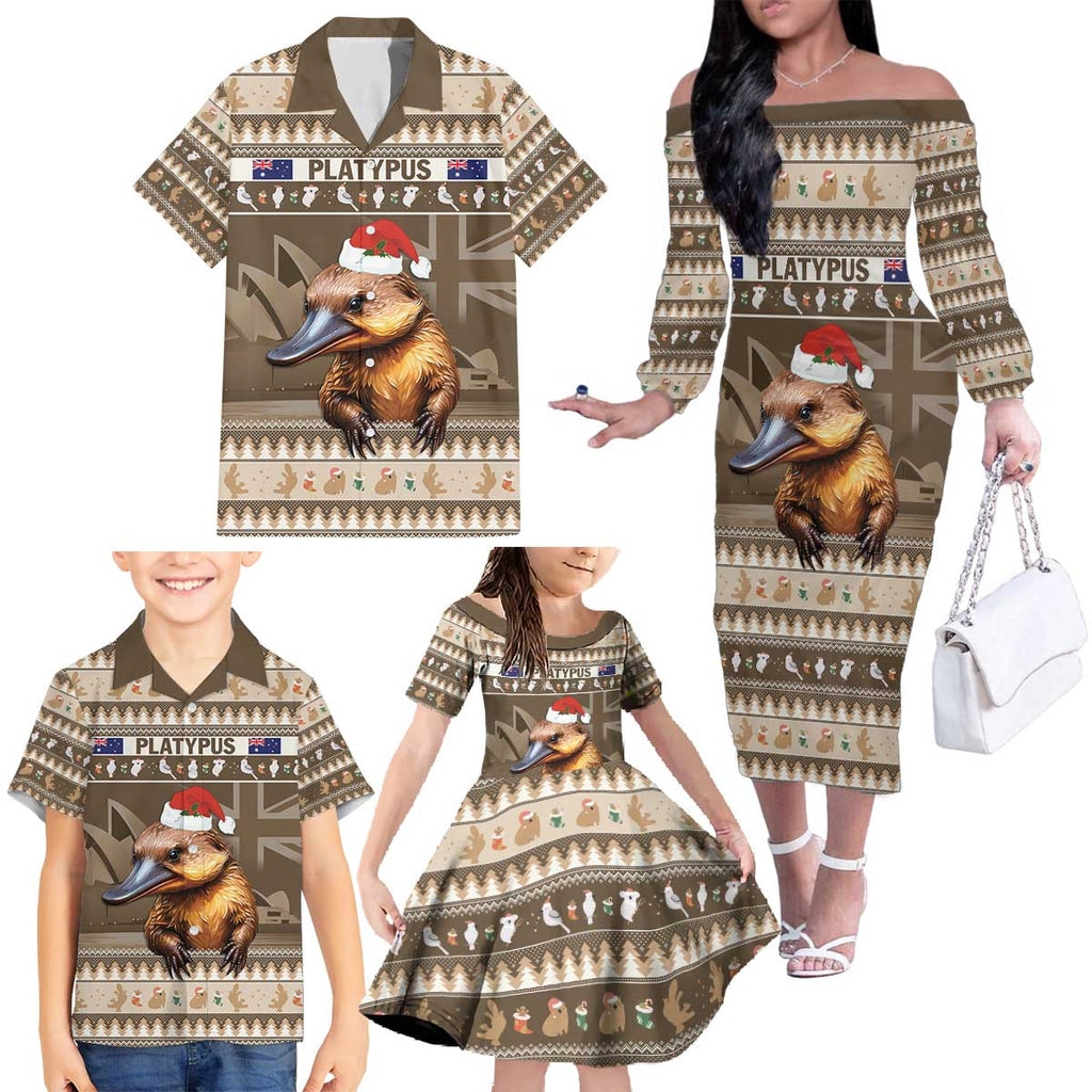 Aussie Platypus Family Matching Off The Shoulder Long Sleeve Dress and Hawaiian Shirt Merry Christmas