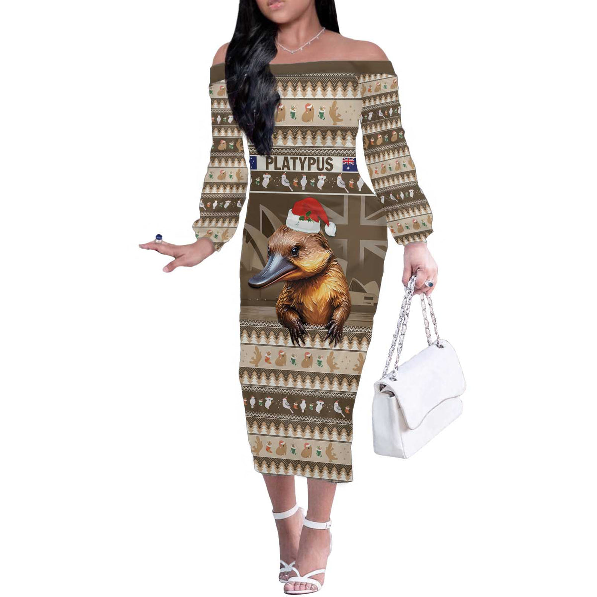 Aussie Platypus Off The Shoulder Long Sleeve Dress Merry Christmas