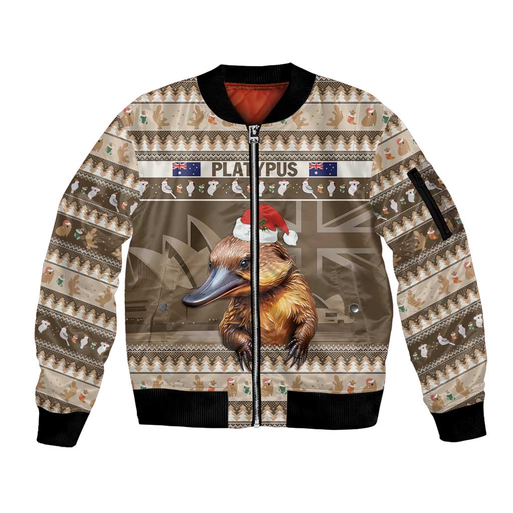 Aussie Platypus Sleeve Zip Bomber Jacket Merry Christmas