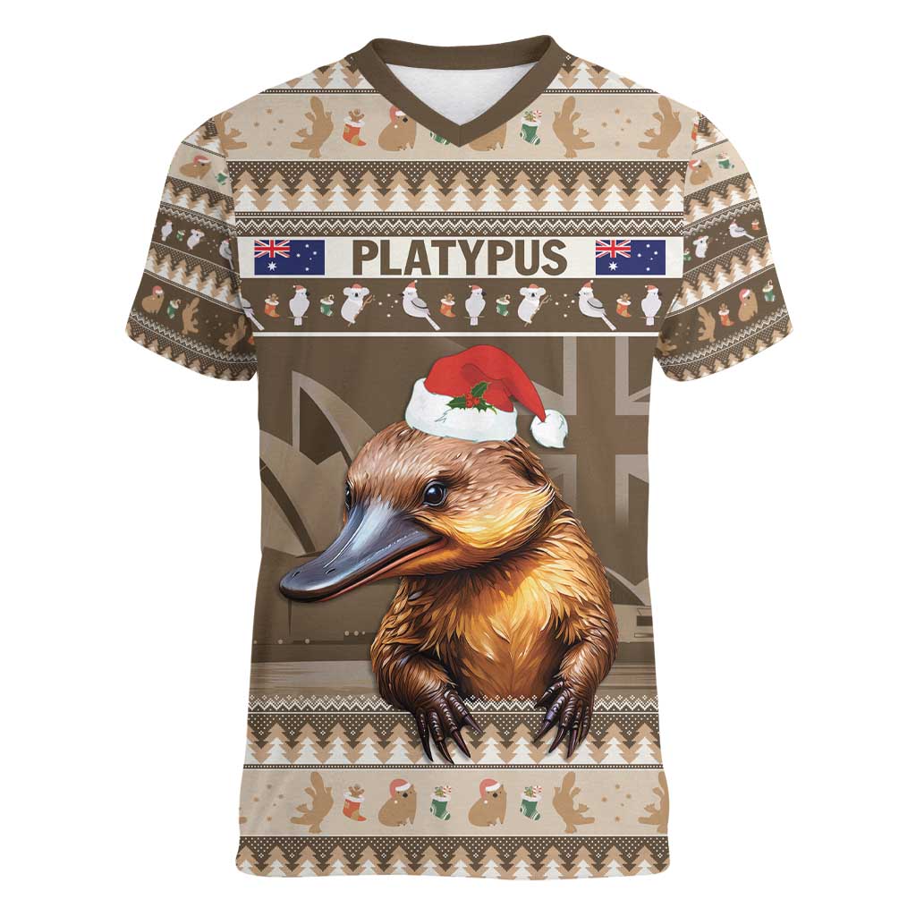 Aussie Platypus Women V-Neck T-Shirt Merry Christmas