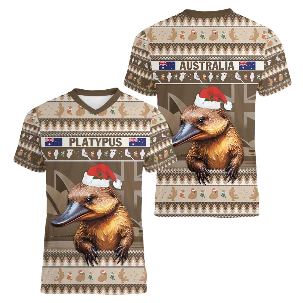 Aussie Platypus Women V-Neck T-Shirt Merry Christmas