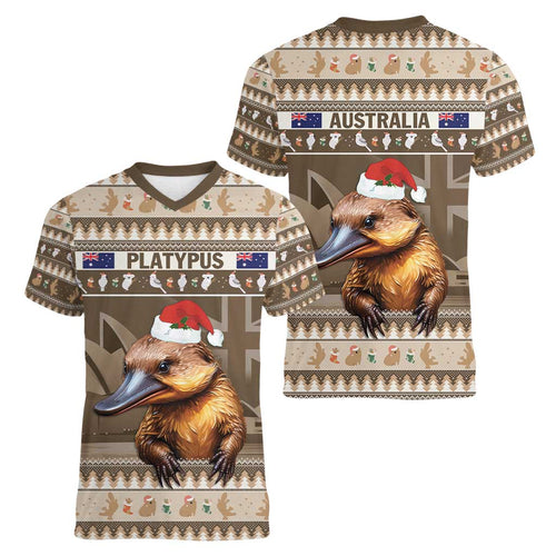 Aussie Platypus Women V-Neck T-Shirt Merry Christmas