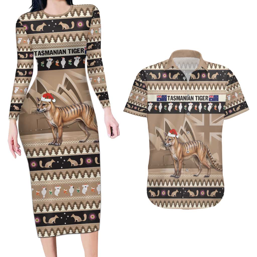 Aussie Tasmanian Tiger Couples Matching Long Sleeve Bodycon Dress and Hawaiian Shirt Merry Christmas