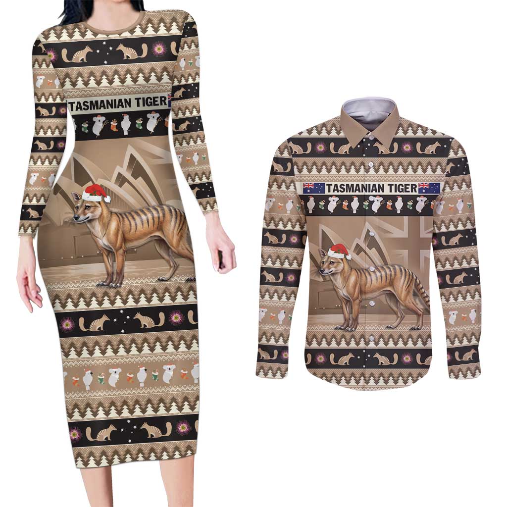 Aussie Tasmanian Tiger Couples Matching Long Sleeve Bodycon Dress and Long Sleeve Button Shirt Merry Christmas