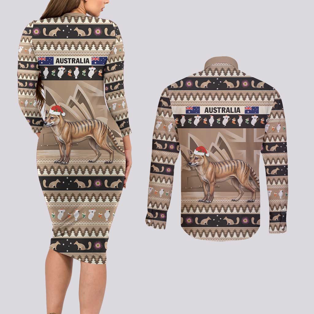 Aussie Tasmanian Tiger Couples Matching Long Sleeve Bodycon Dress and Long Sleeve Button Shirt Merry Christmas