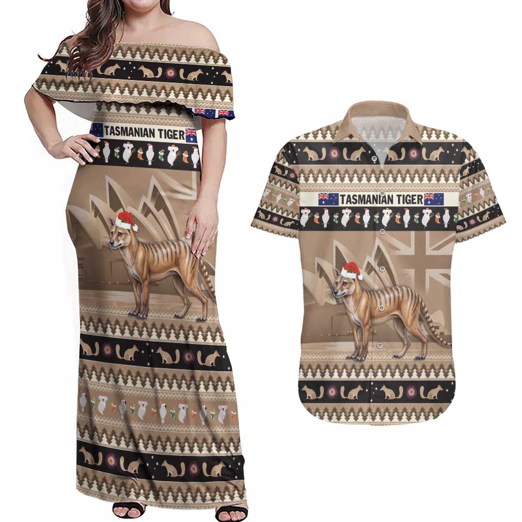 Aussie Tasmanian Tiger Couples Matching Off Shoulder Maxi Dress and Hawaiian Shirt Merry Christmas