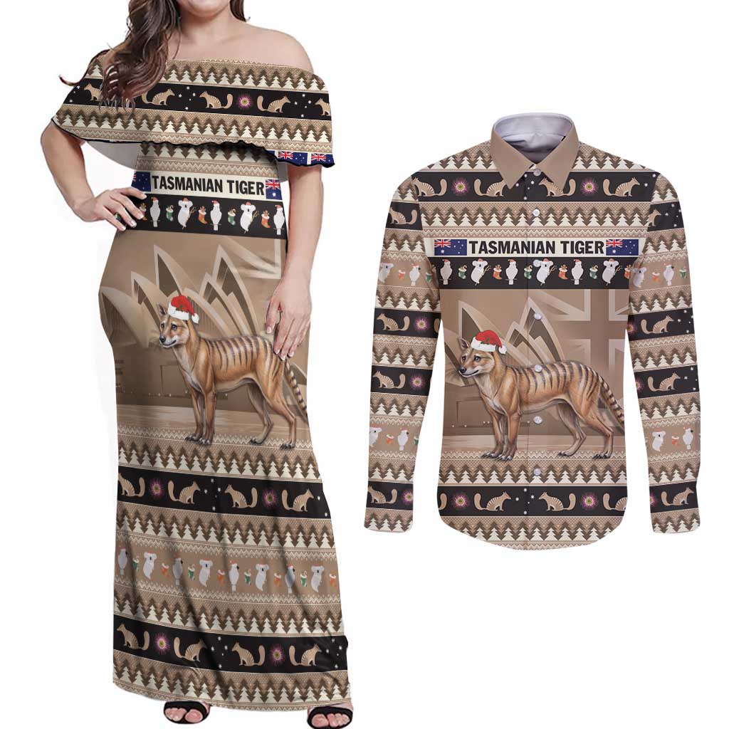 Aussie Tasmanian Tiger Couples Matching Off Shoulder Maxi Dress and Long Sleeve Button Shirt Merry Christmas