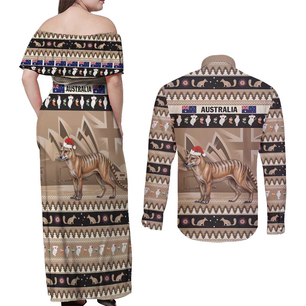 Aussie Tasmanian Tiger Couples Matching Off Shoulder Maxi Dress and Long Sleeve Button Shirt Merry Christmas