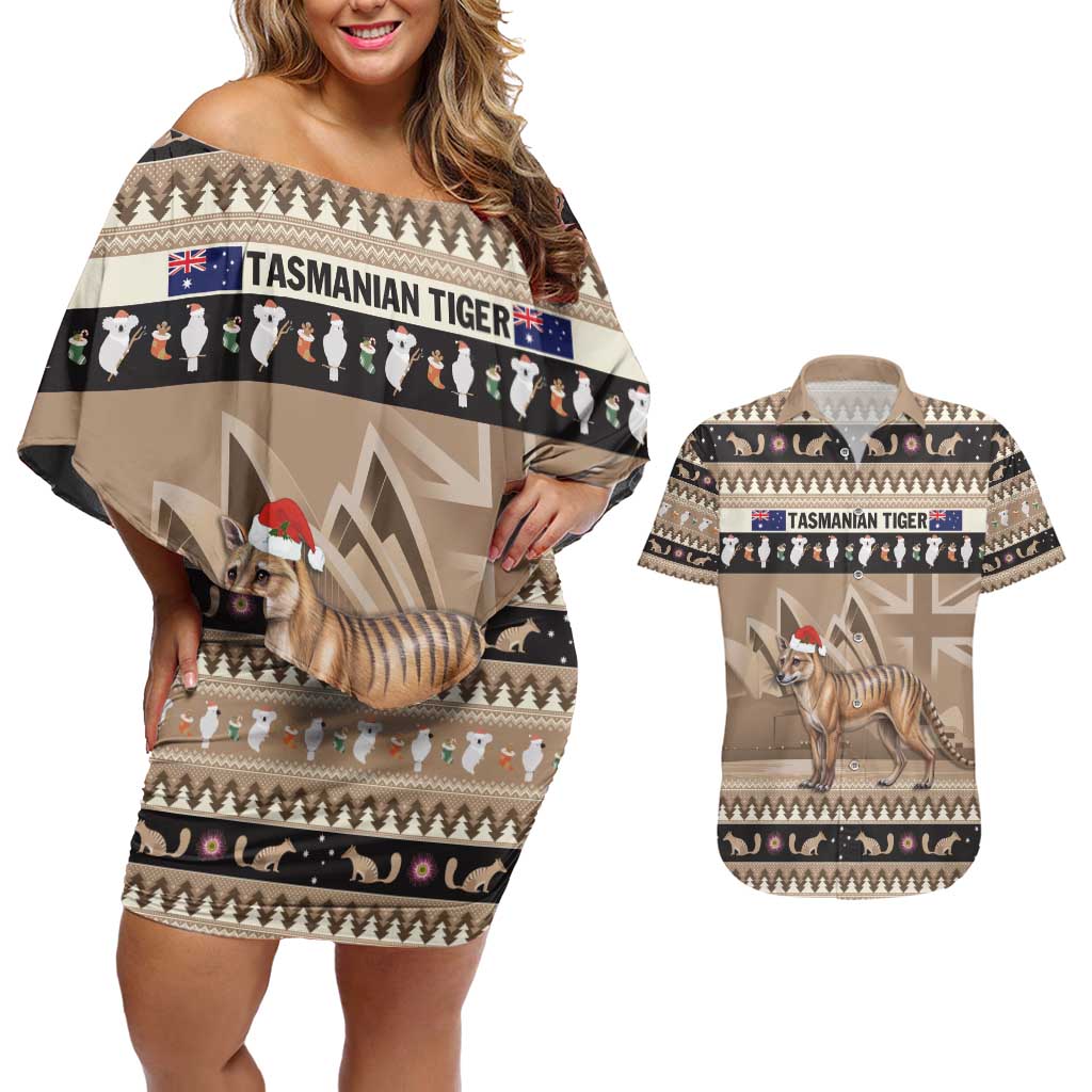 Aussie Tasmanian Tiger Couples Matching Off Shoulder Short Dress and Hawaiian Shirt Merry Christmas