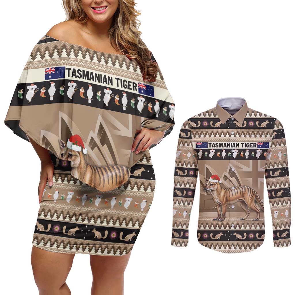 Aussie Tasmanian Tiger Couples Matching Off Shoulder Short Dress and Long Sleeve Button Shirt Merry Christmas