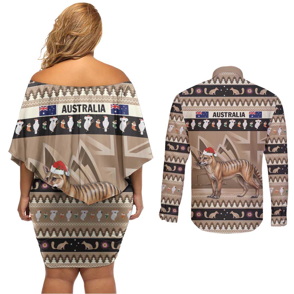 Aussie Tasmanian Tiger Couples Matching Off Shoulder Short Dress and Long Sleeve Button Shirt Merry Christmas