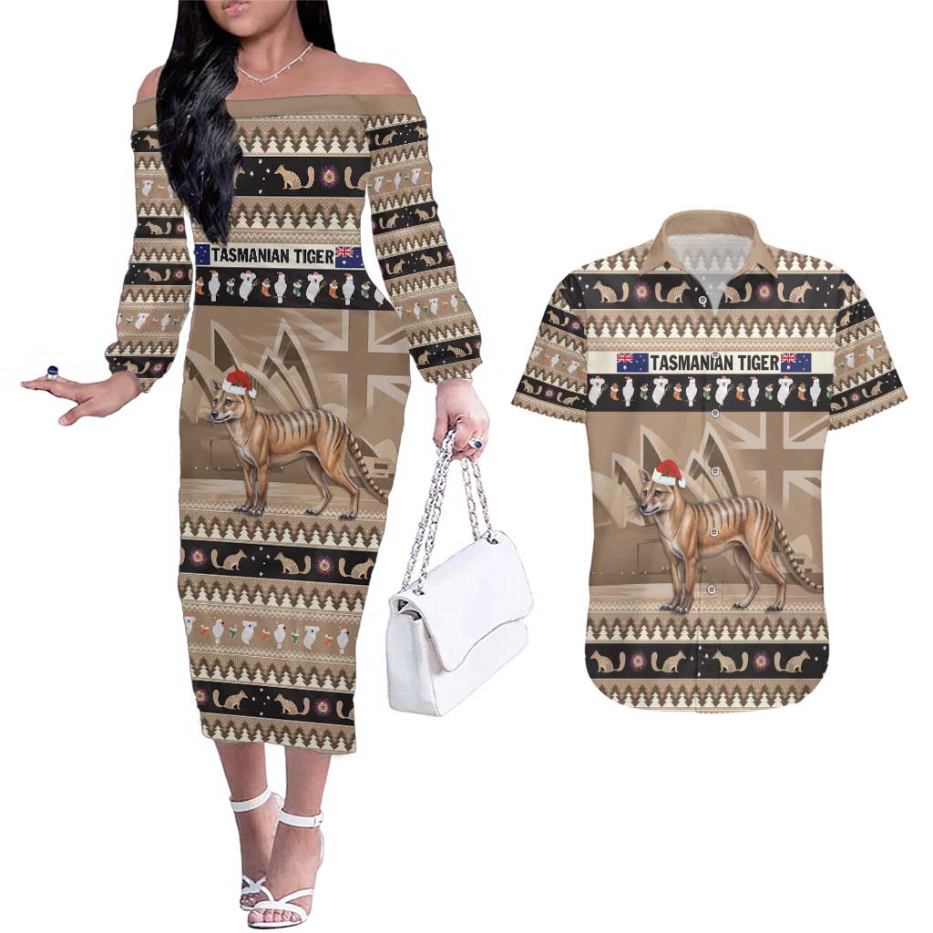 Aussie Tasmanian Tiger Couples Matching Off The Shoulder Long Sleeve Dress and Hawaiian Shirt Merry Christmas