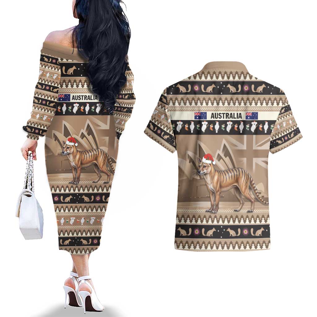 Aussie Tasmanian Tiger Couples Matching Off The Shoulder Long Sleeve Dress and Hawaiian Shirt Merry Christmas