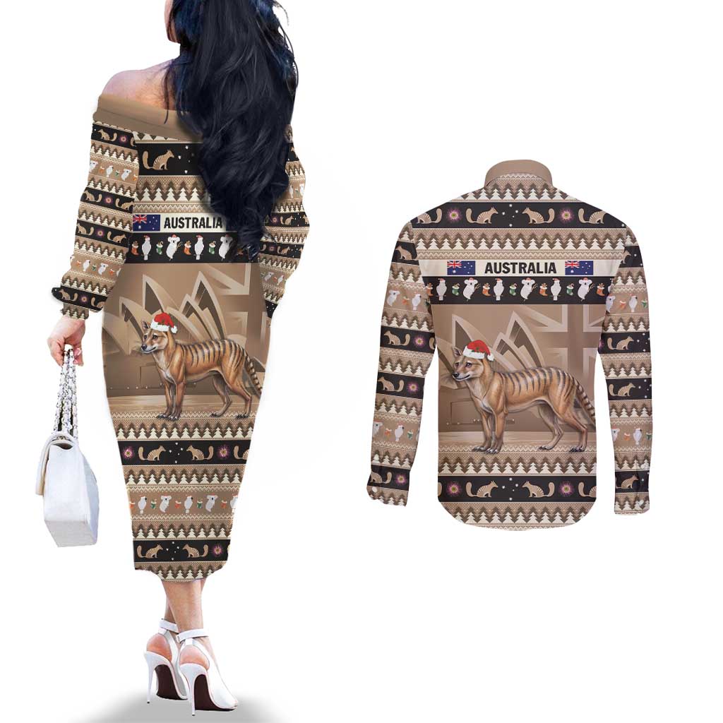 Aussie Tasmanian Tiger Couples Matching Off The Shoulder Long Sleeve Dress and Long Sleeve Button Shirt Merry Christmas