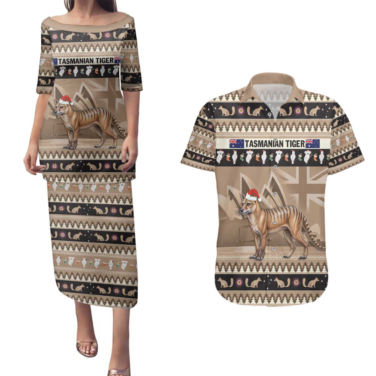 Aussie Tasmanian Tiger Couples Matching Puletasi and Hawaiian Shirt Merry Christmas