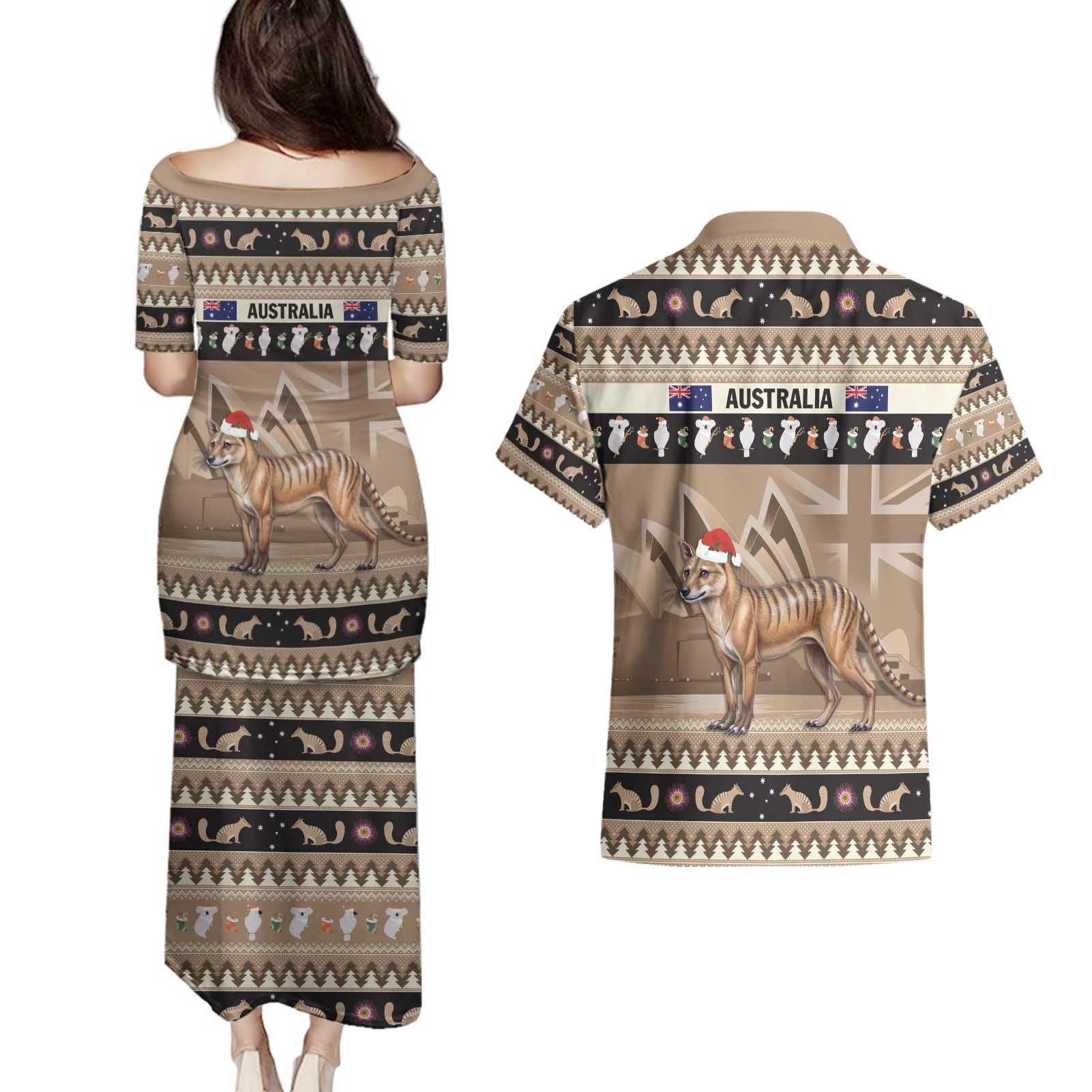 Aussie Tasmanian Tiger Couples Matching Puletasi and Hawaiian Shirt Merry Christmas