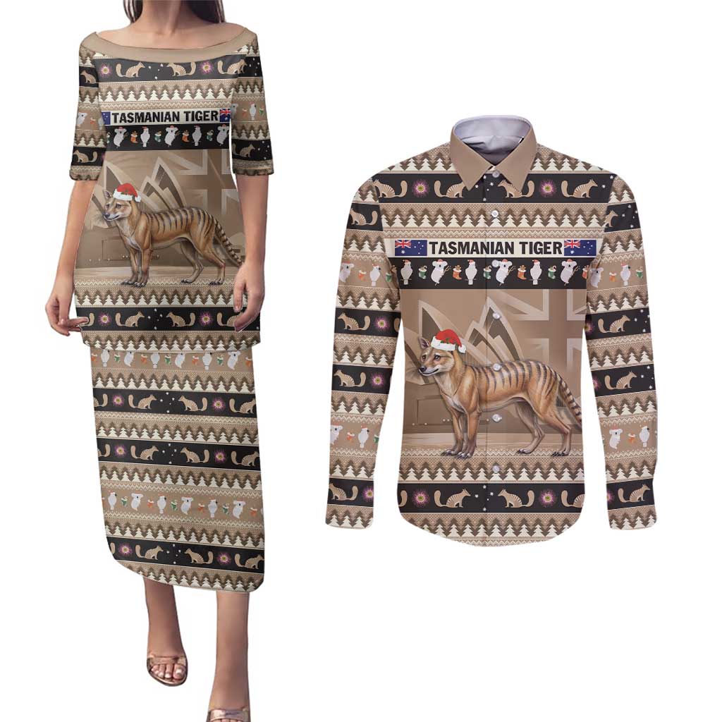 Aussie Tasmanian Tiger Couples Matching Puletasi and Long Sleeve Button Shirt Merry Christmas